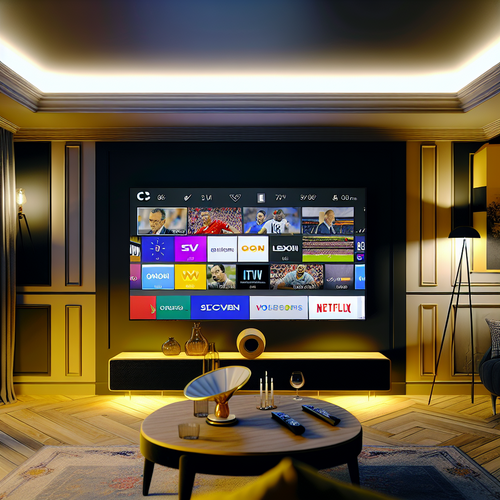 IPTV 24h Test 2026: Essai Gratuit en Avance 18 A modern French living room with a smart TV displaying live IPTV channels, highlighting digital innovation in a contemporary setting.