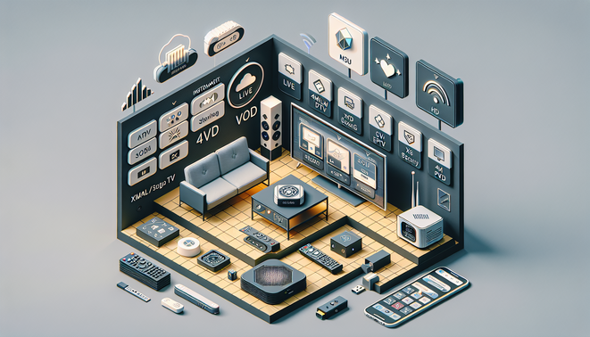Atlas Pro ONTV : 3 étapes clés pour installation et sécurité 9 Salon moderne avec TV IPTV, appareils connectés, interface EPG et icône bouclier sécurité.